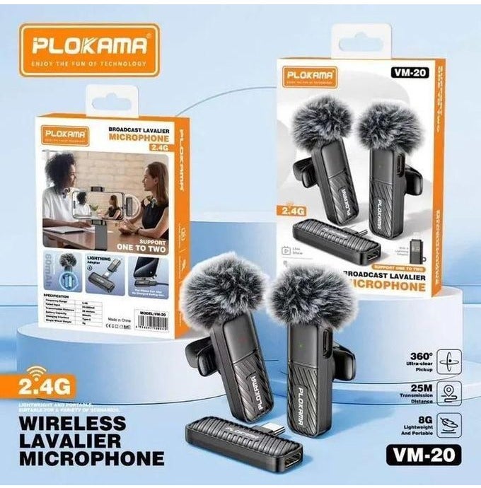 Plokama VM-20 2.4G Wireless Lavalier Microphone for All Phones – Dual Wireless Mic (2 in 1) for Live Streaming, Vlogging, and Interviews – YouTube and TikTok Microphone with Air Filter – 25m Range - Image 3